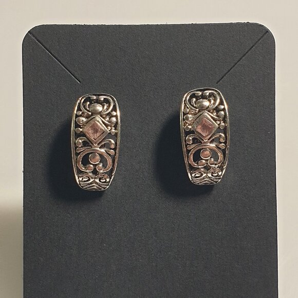 Sterling Silver Pink Gemstone Filigree Post Earrings Elegant Jewelry Formal Gift - Picture 4 of 4